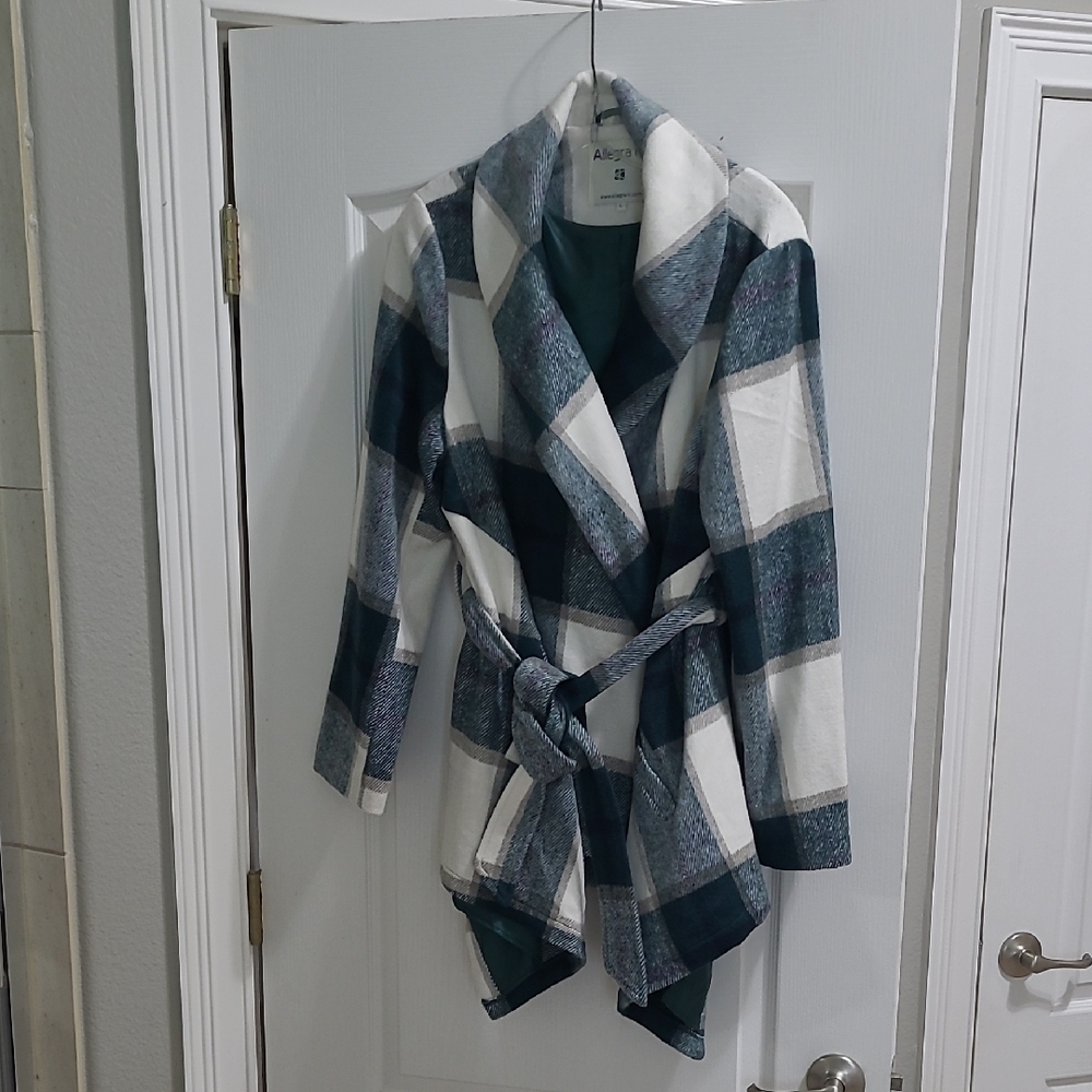 Allegra K Women's Plaid Belted Coat - Green and White Wrap, Asymetrical Hem